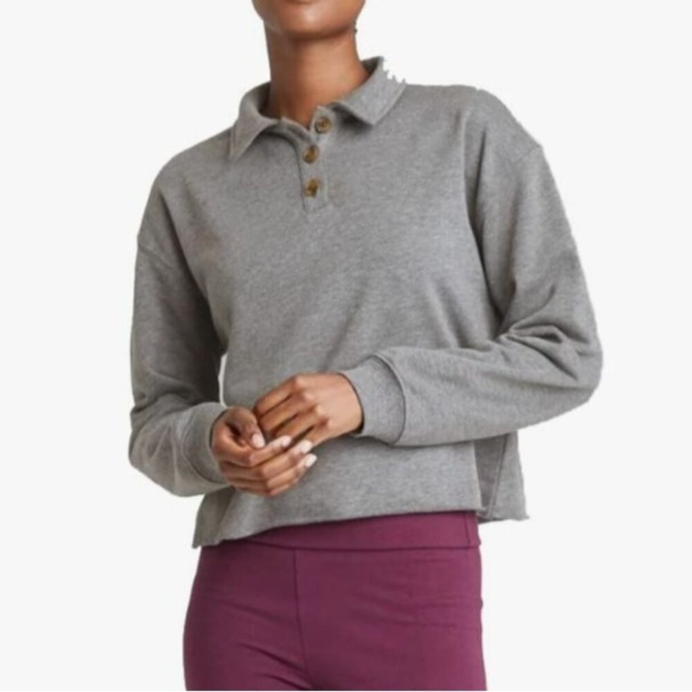 Wild Fable Cropped Polo Shirt Womens XS‎ Gray New Long Sleeve Collared